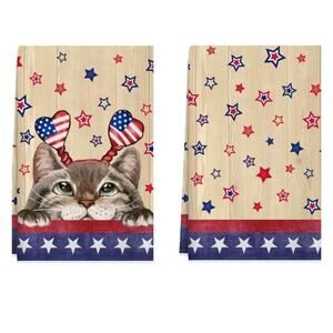 XCHI Wood Cute Cat America Stars Patriotic 4th of July Memorial Day Towels